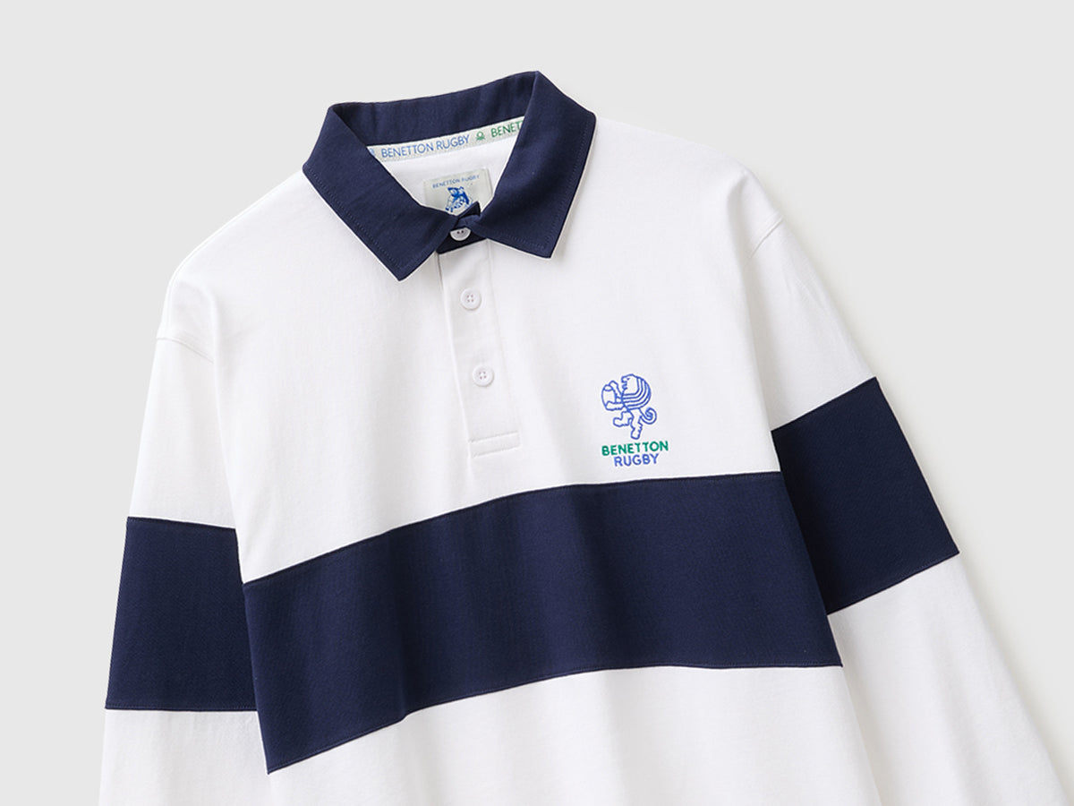 Polo branco e azul Benetton Rugby 100% algodão - ucb_image_FY
