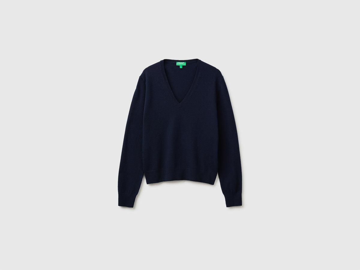Camisola decote em V azul em pura lã Merino - ucb_image_FS