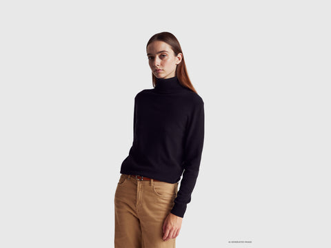 Camisola de gola alta preta em pura lã Merino - ucb_image_F
