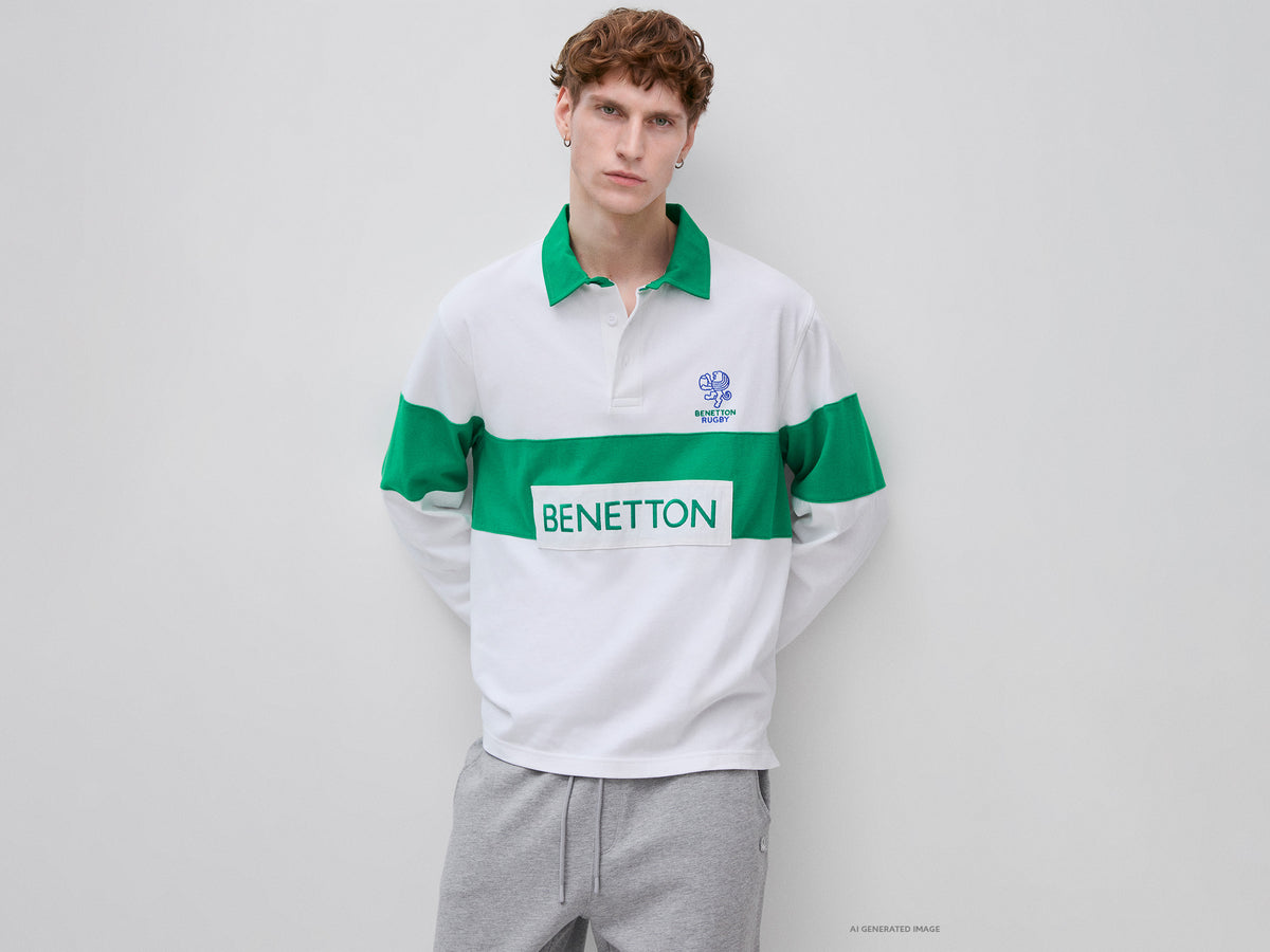 Polo branco e verde Benetton Rugby 100% algodão - ucb_image_F