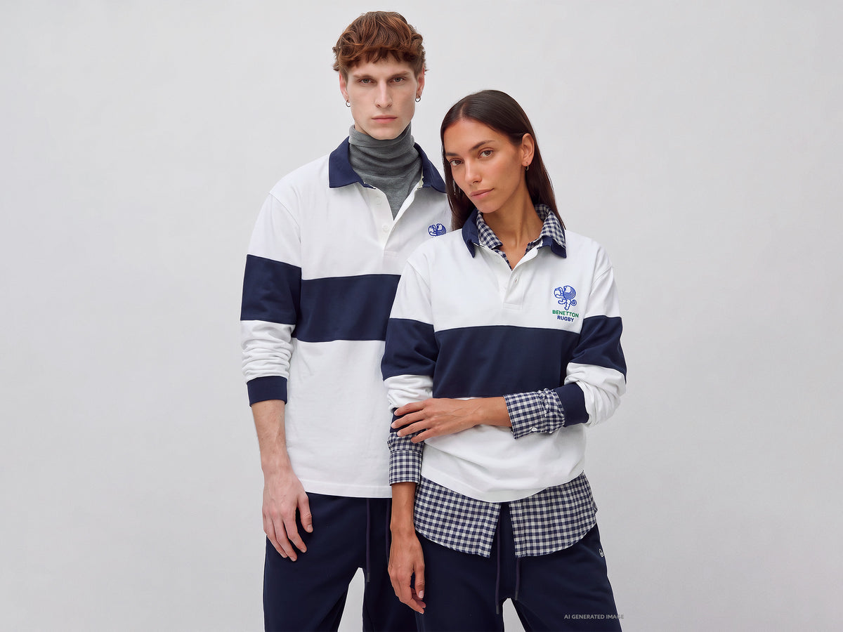 White and blue Benetton Rugby polo shirt, 100% cotton