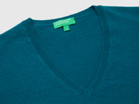 Camisola decote em V azul-petróleo em pura lã Merino - ucb_image_DS1