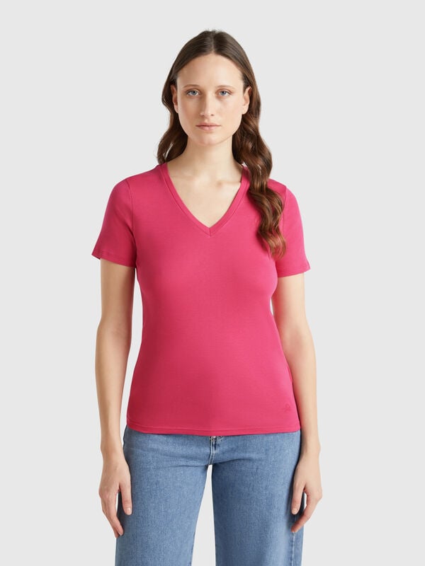 T-shirt magenta in puro cotone con scollo a V Donna