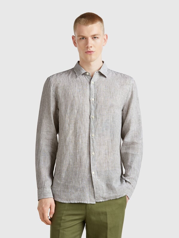 Camicia a righe verdi e bianche in puro lino Uomo