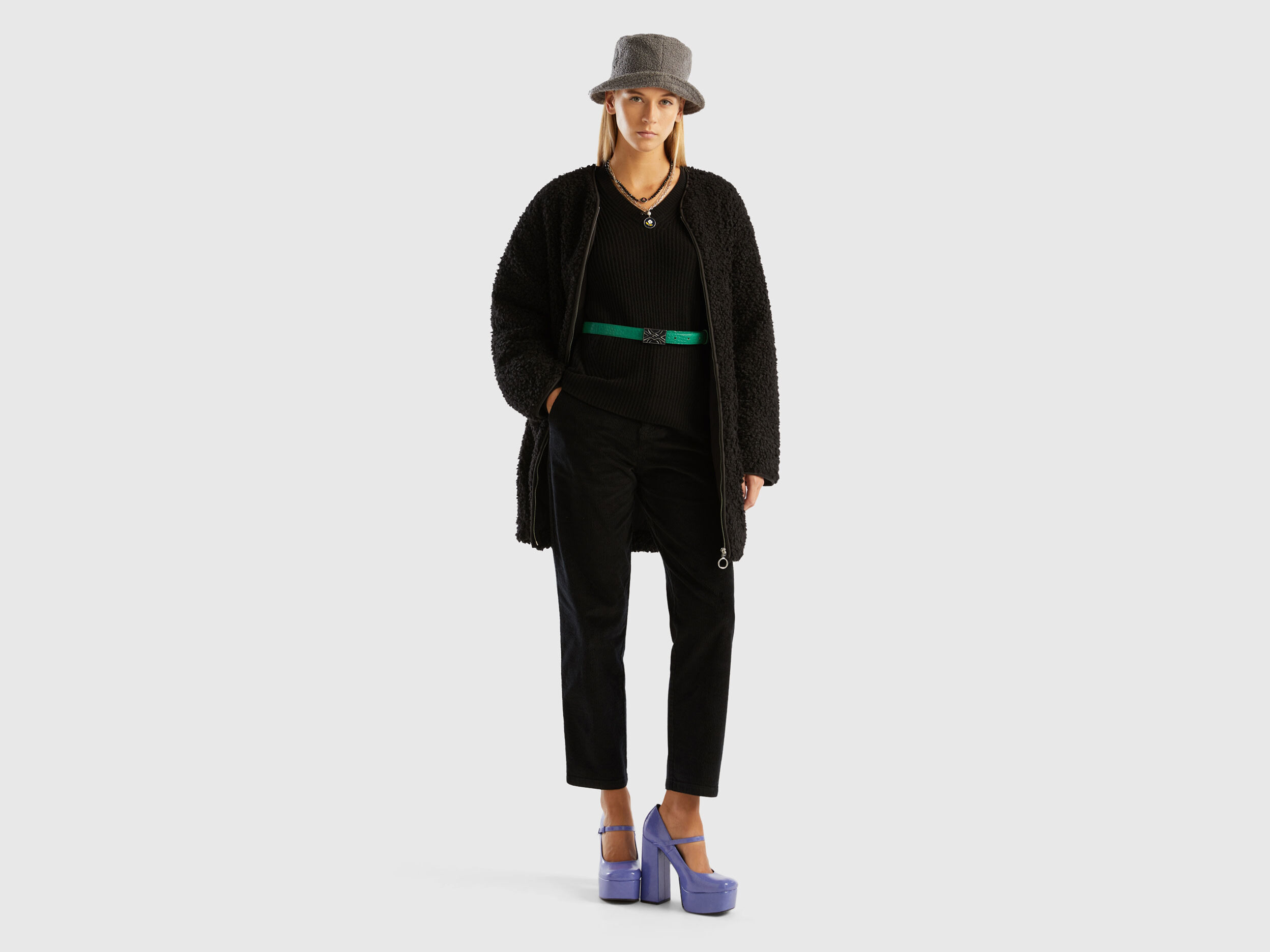 Cappotto teddy in pelliccetta sintetica Nero Donna Benetton
