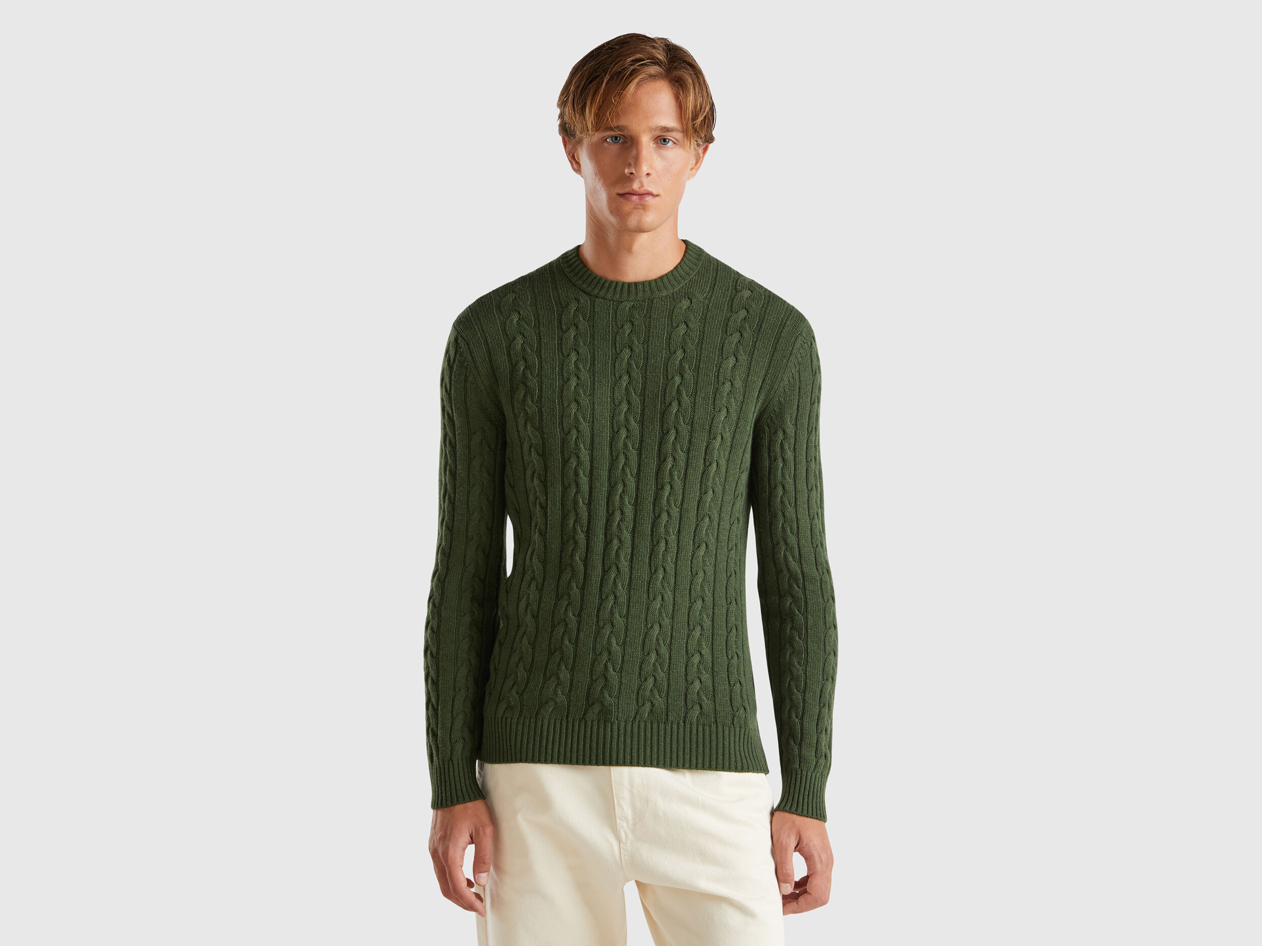 Maglia a trecce in misto cashmere Verde Scuro Benetton