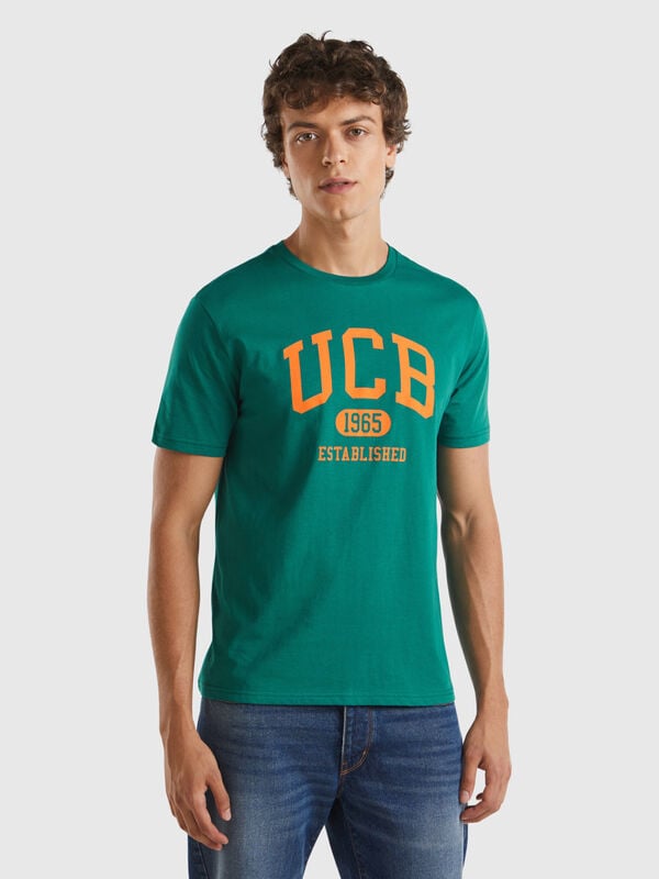 T-shirt verde scuro in cotone bio con logo arancione Uomo