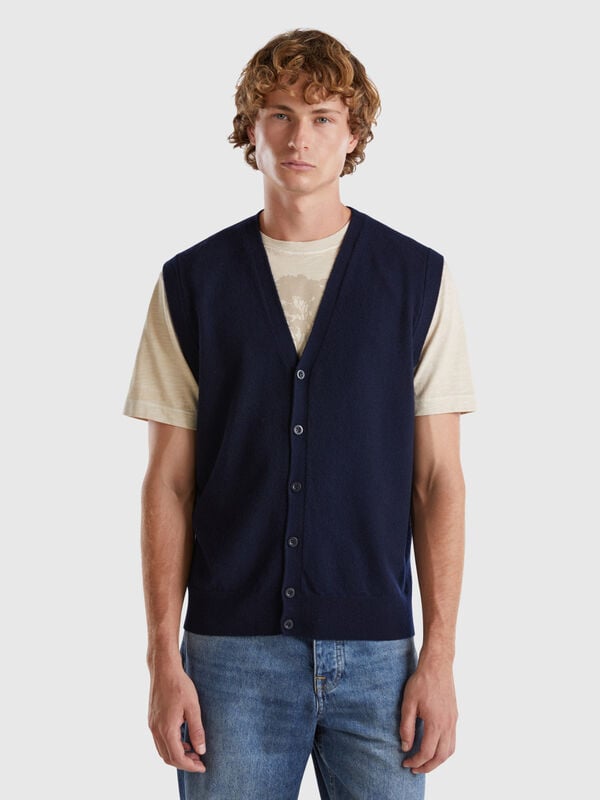 Gilet blu scuro in pura lana Merino Uomo