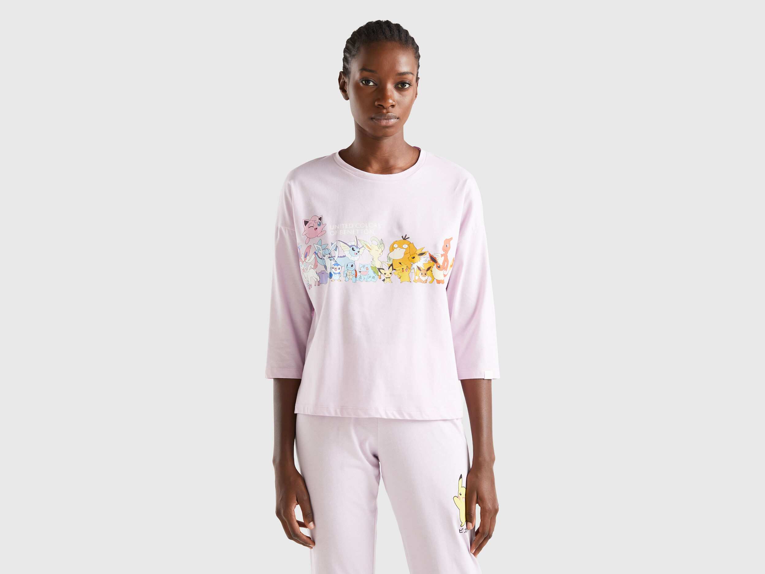 Maglia Pok mon in cotone a fibra lunga Lilla Donna Benetton