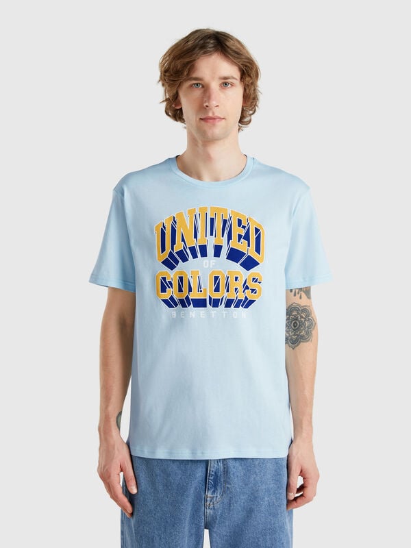 T-shirt azzurra in cotone con logo giallo Uomo
