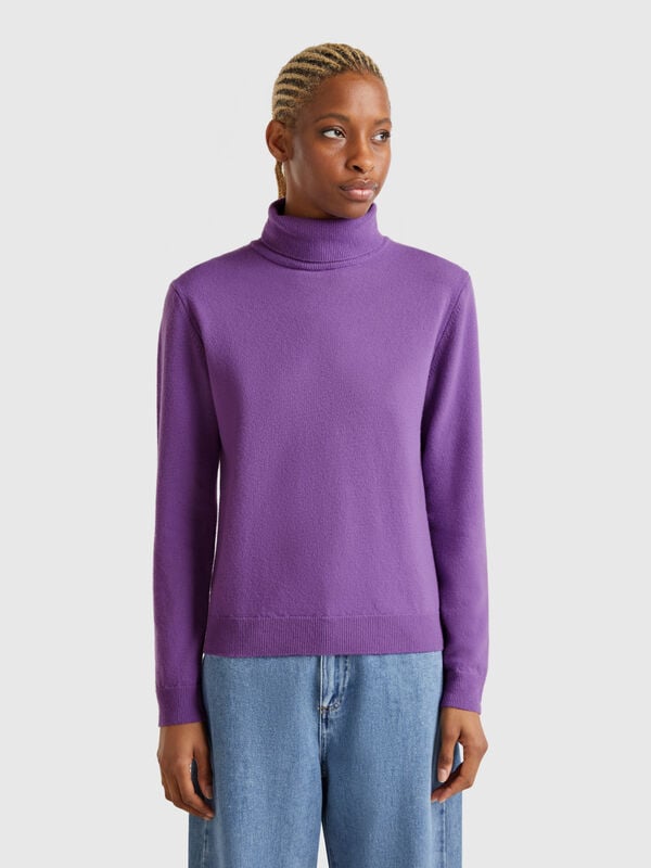 Maglione dolcevita viola in pura lana Merino Donna