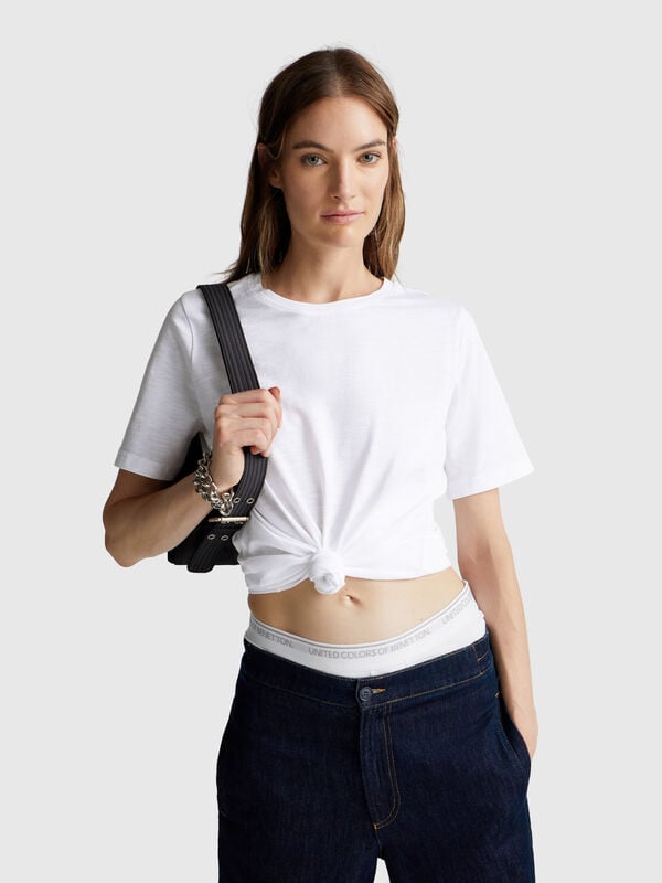 T-shirt girocollo in cotone fiammato Donna