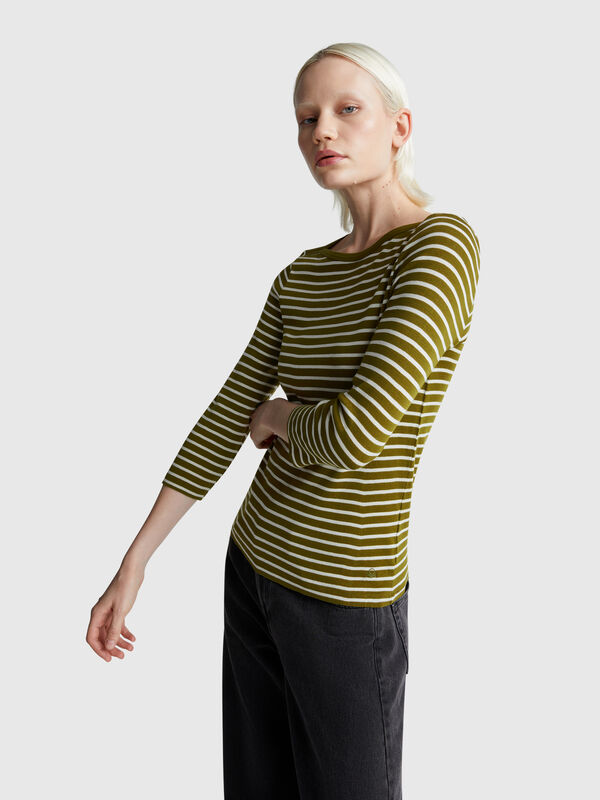 T-shirt manica 3/4 a righe in puro cotone Donna