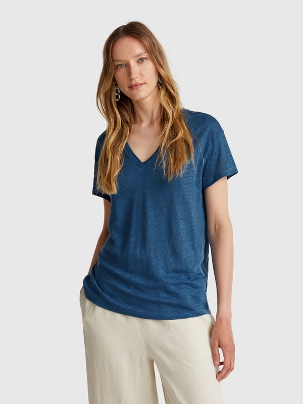 T-shirt scollo a V in puro lino Donna