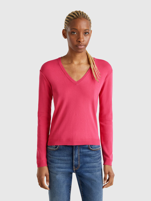 Maglia in puro cotone con scollo a V Donna