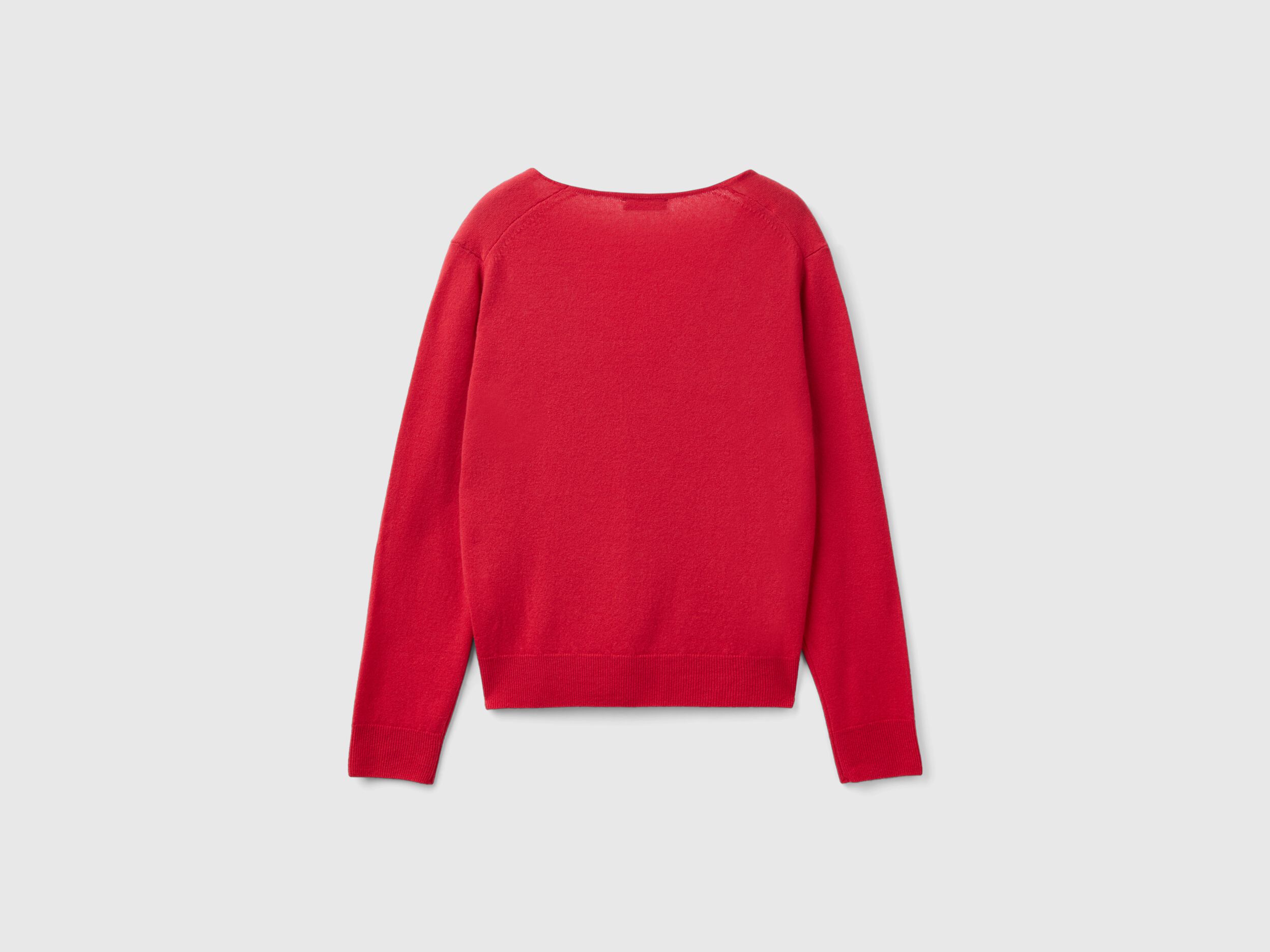 Maglione rosso prugna con scollo a V in pura lana Merino Rosso Benetton