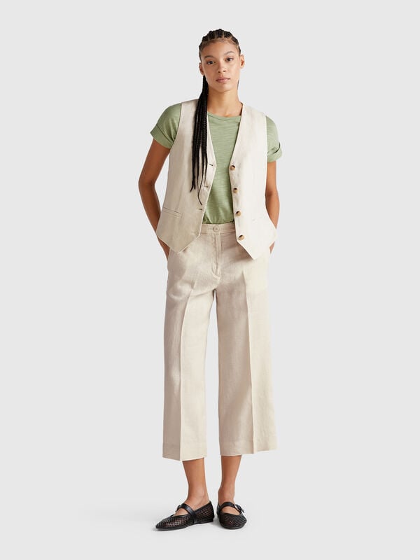 Pantaloni cropped in puro lino Donna