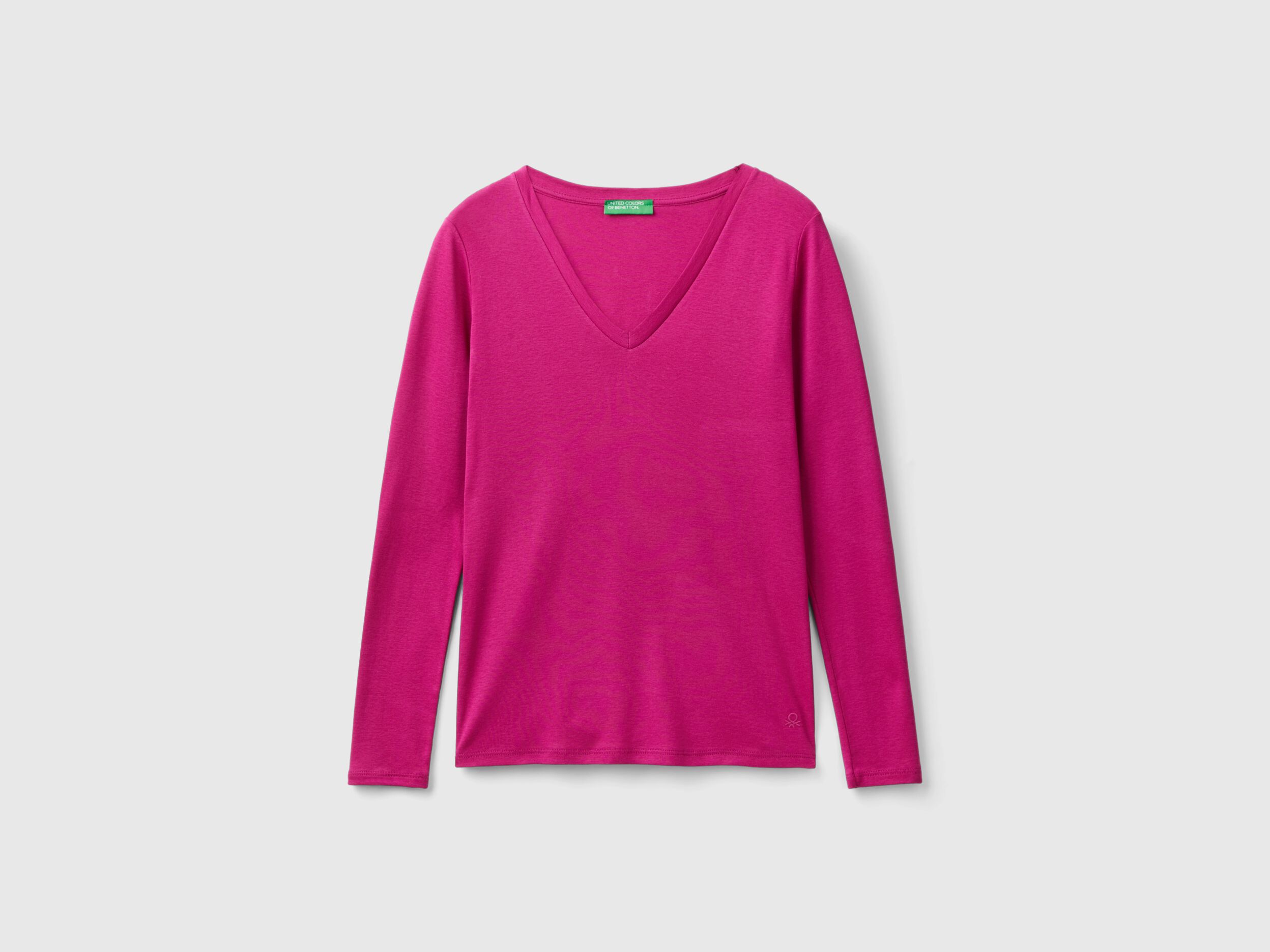 T shirt a manica lunga con scollo a V Ciclamino Benetton