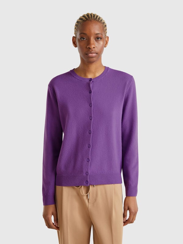 Cardigan girocollo viola in pura lana Merino Donna