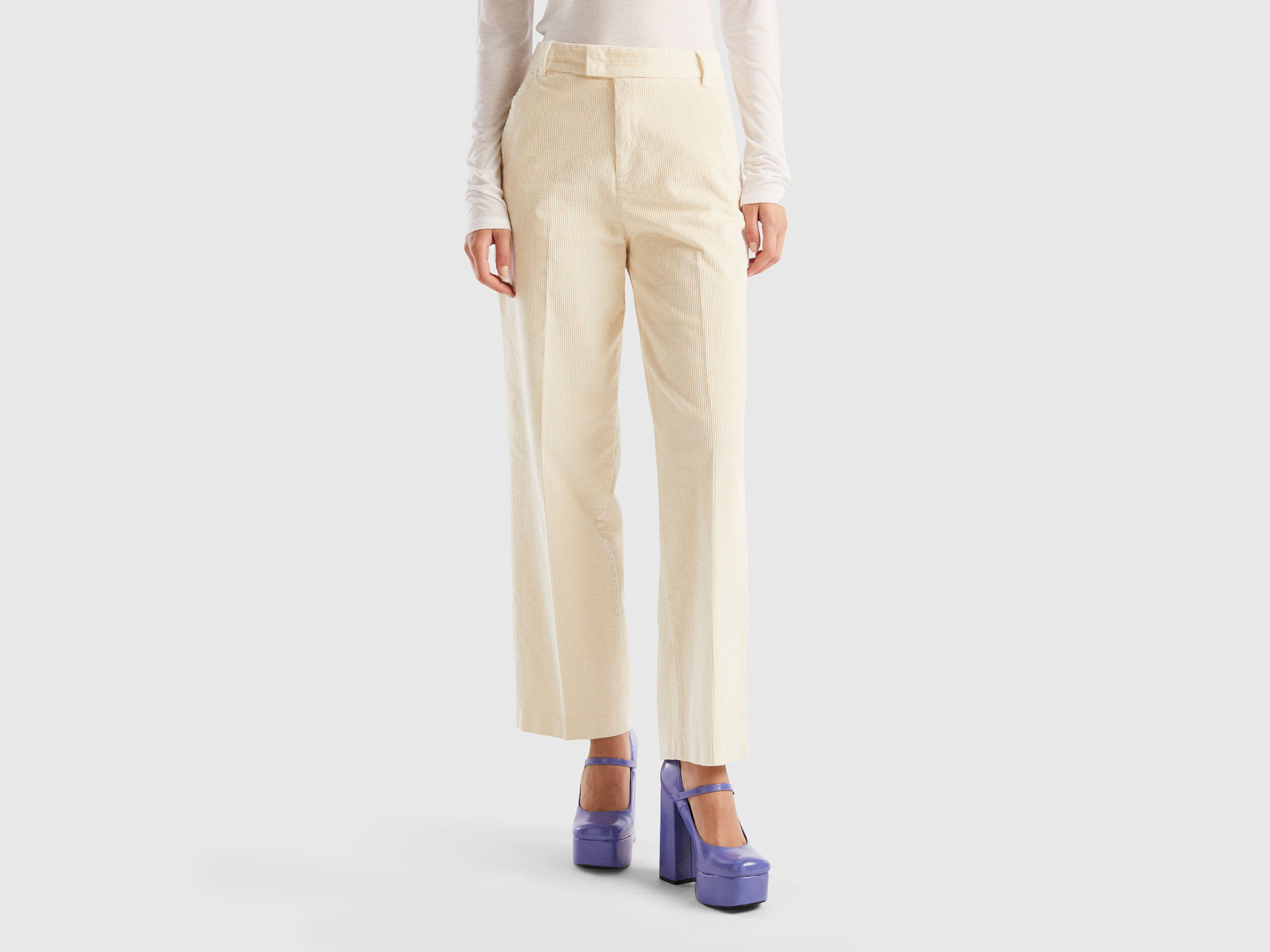Pantaloni straight in velluto a coste Bianco Panna Donna Benetton