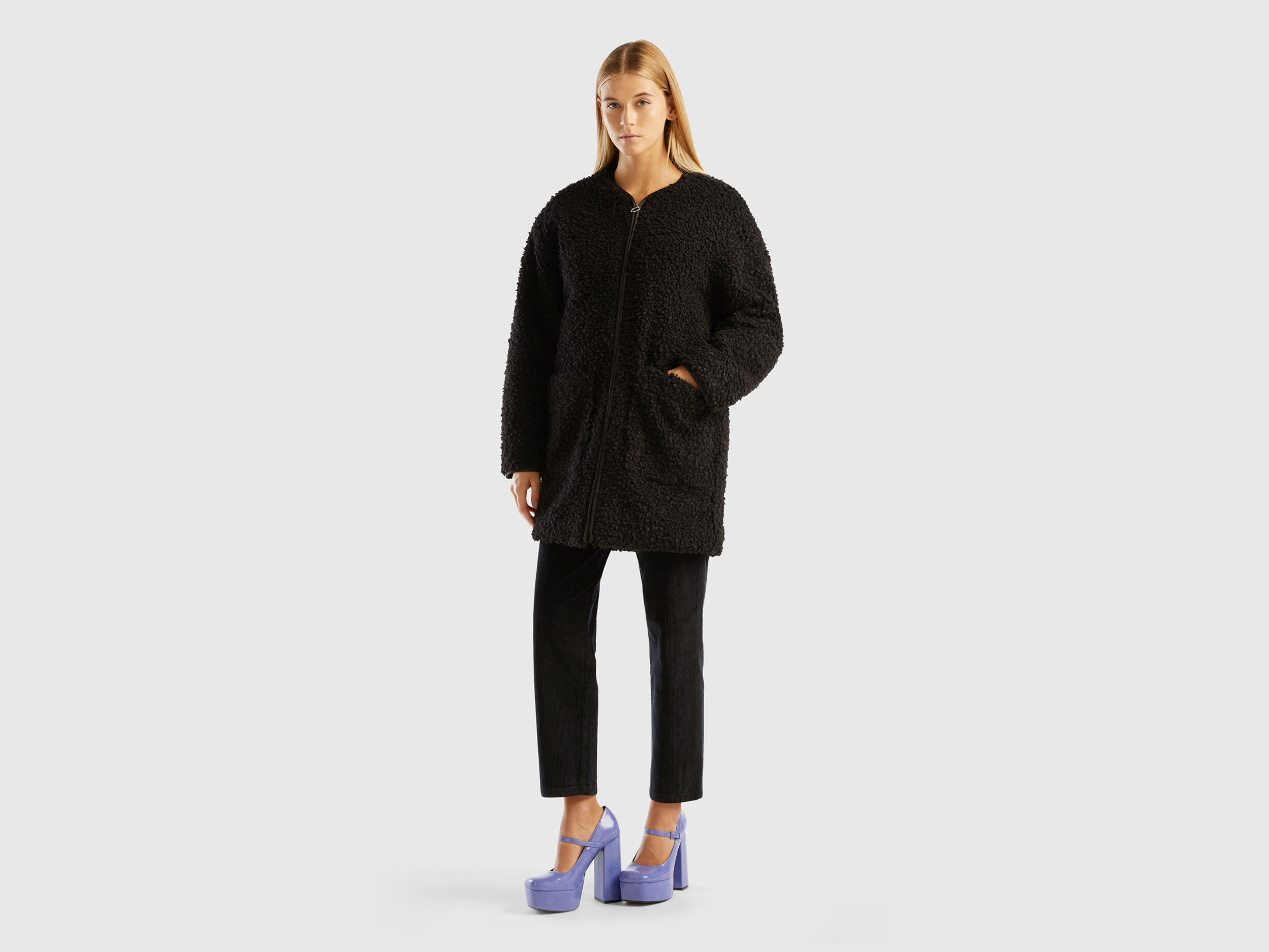 Cappotto teddy in pelliccetta sintetica Nero Donna Benetton