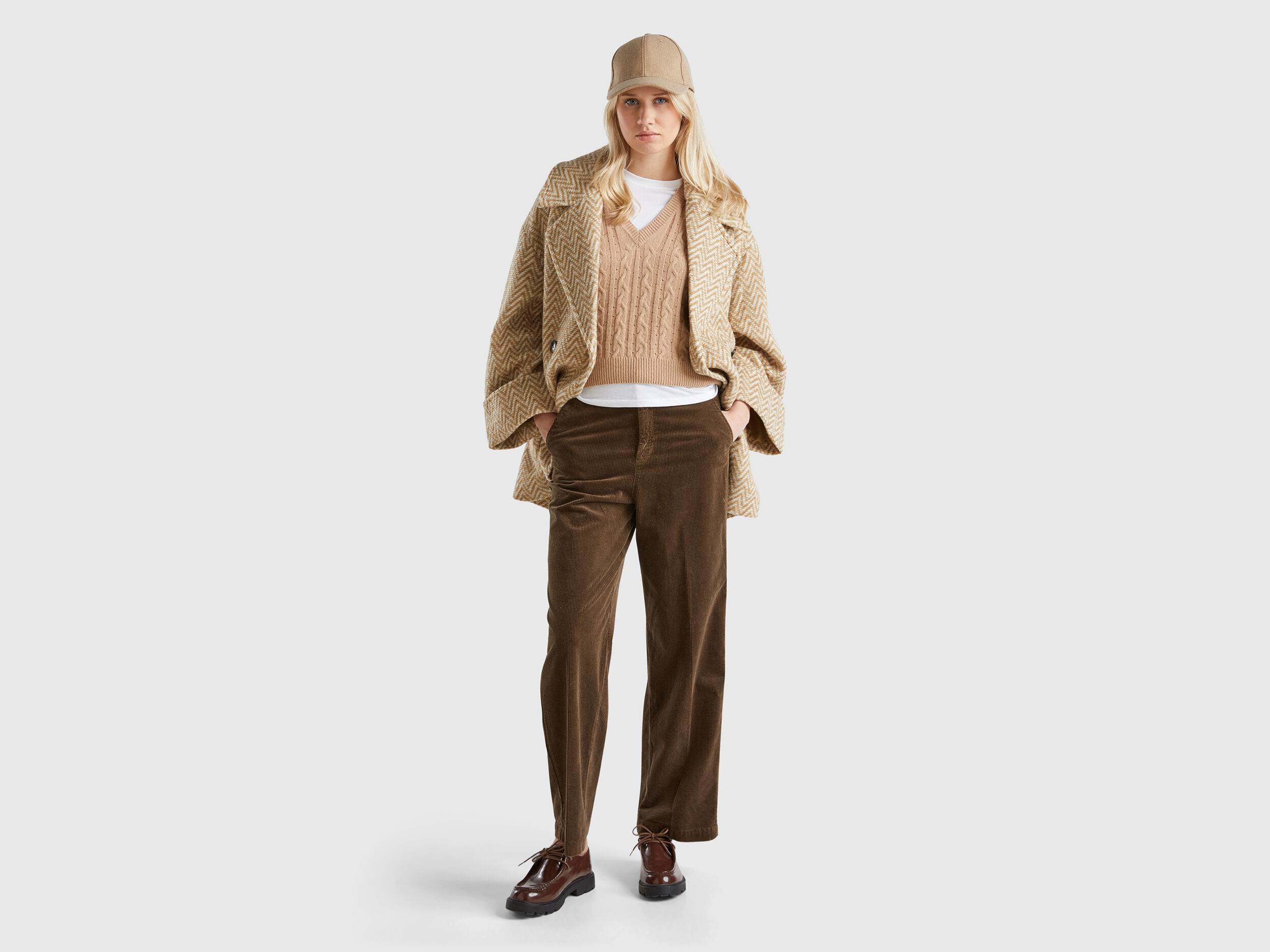 Pantaloni ampi in velluto Marrone Benetton