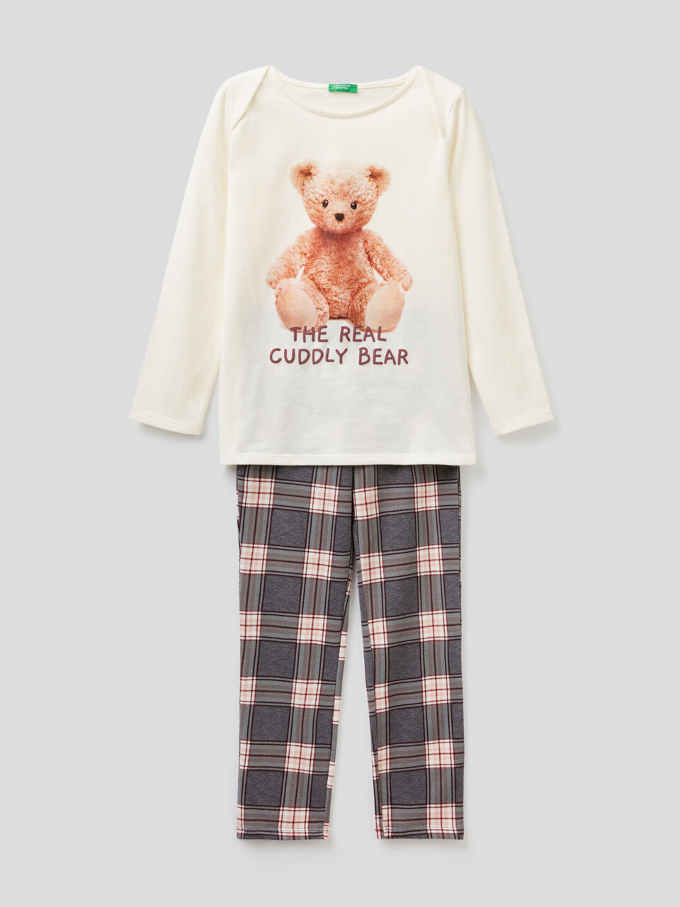 Pigiama stampa teddy con pantaloni check image number 1