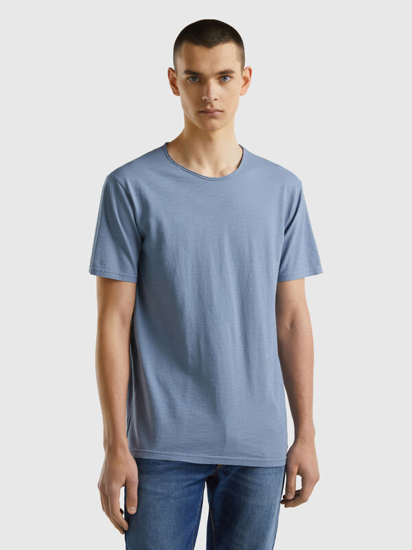 T-shirt blu avio in cotone fiammato Uomo