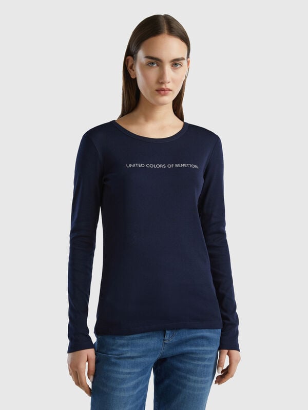T-shirt a manica lunga 100% cotone blu scuro Donna