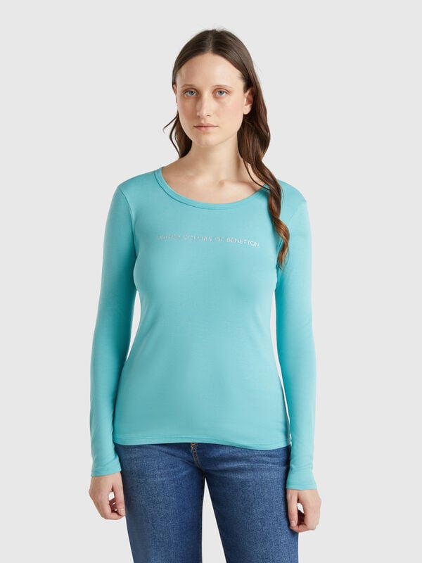 T-shirt verde acqua a manica lunga 100% cotone Donna