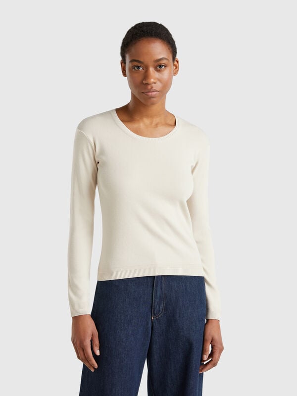 Maglione girocollo beige in  puro cotone Donna