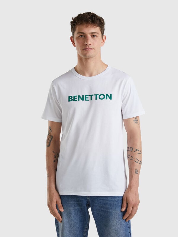 T-shirt bianca in cotone bio con logo verde Uomo