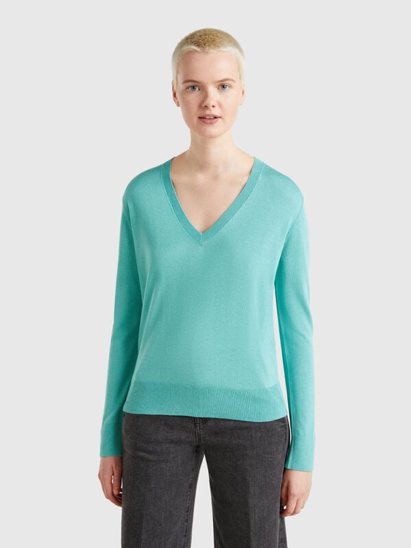 Maglia con scollo a V in misto seta Donna