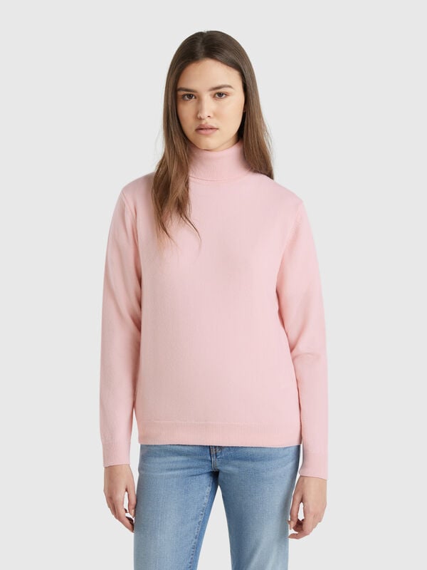 Maglione dolcevita rosa cipria in pura lana Merino Donna