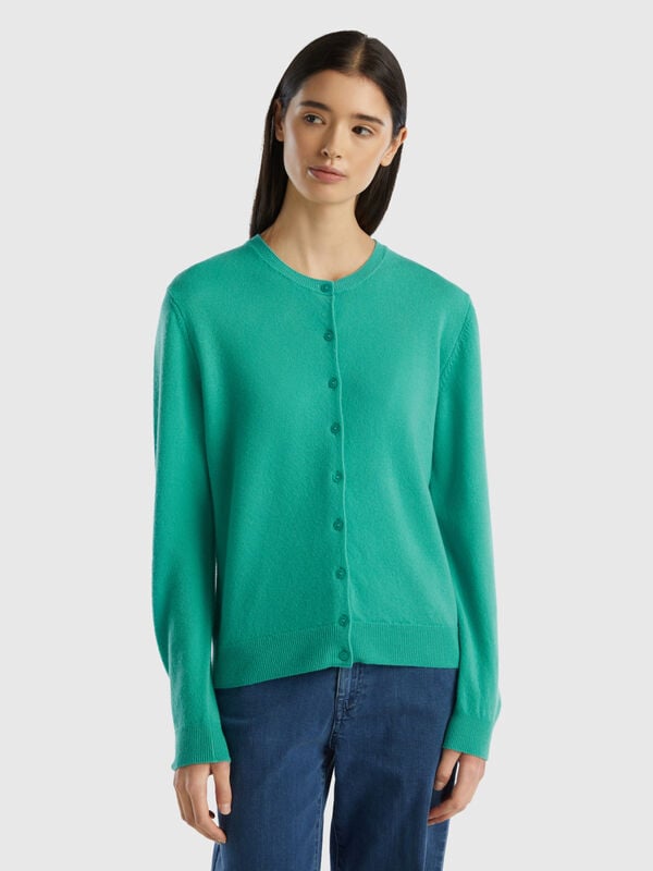 Cardigan girocollo verde chiaro in pura lana Merino Donna