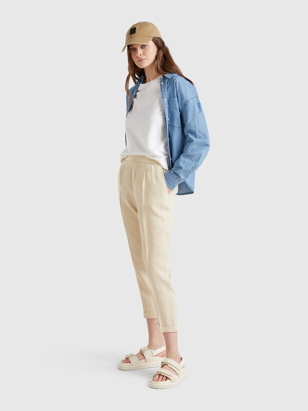 Pantaloni cropped in 100% lino Donna
