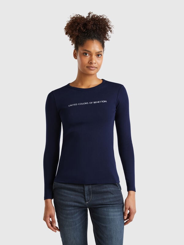 T-shirt blu scura a manica lunga 100% cotone Donna