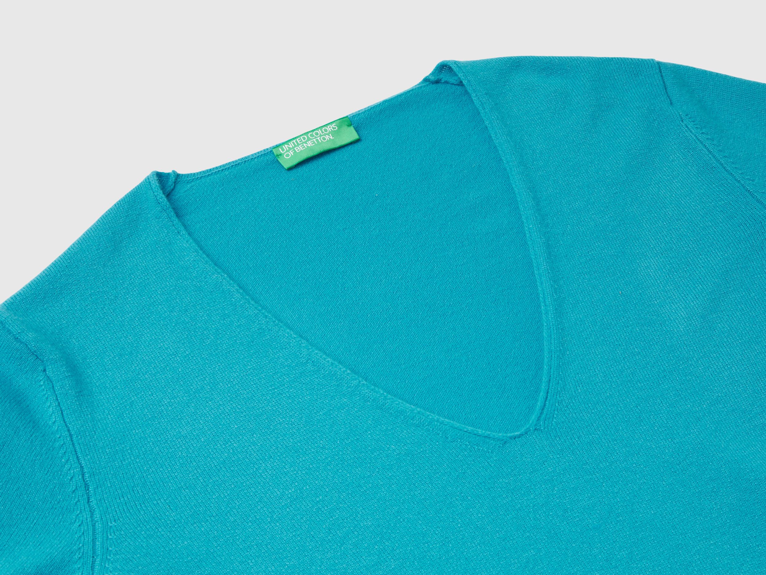 Maglione turchese con scollo a V in pura lana Merino Turchese Benetton