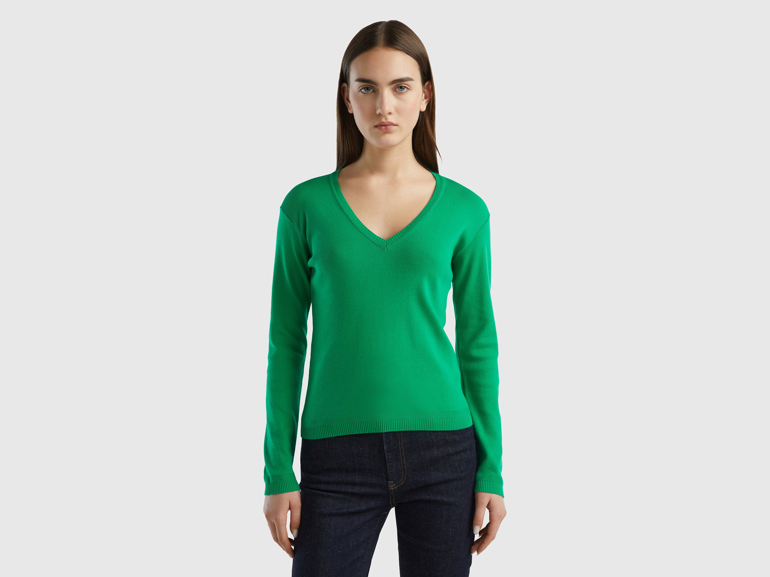 Maglia in puro cotone con scollo a V Verde Donna Benetton