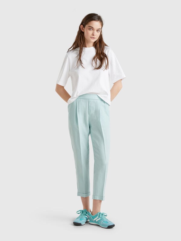 Pantaloni cropped in 100% lino Donna
