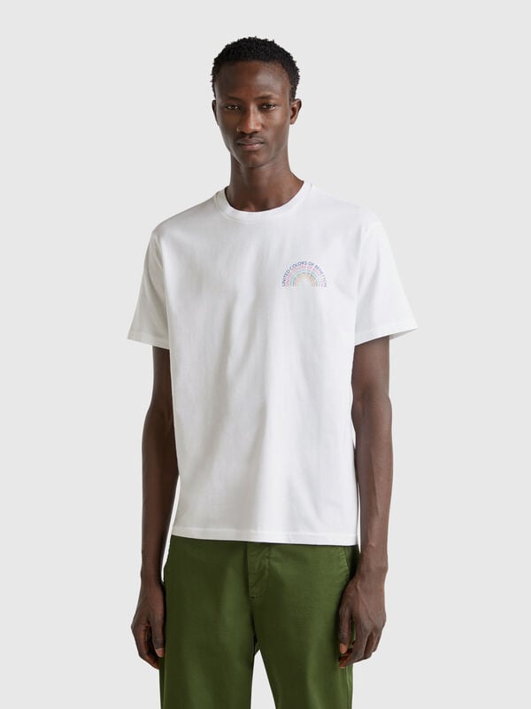 T-shirt bianca in cotone con logo multicolor Uomo