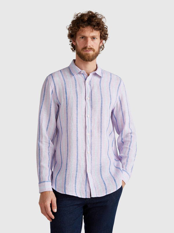 Camicia lilla a righe in puro lino Uomo