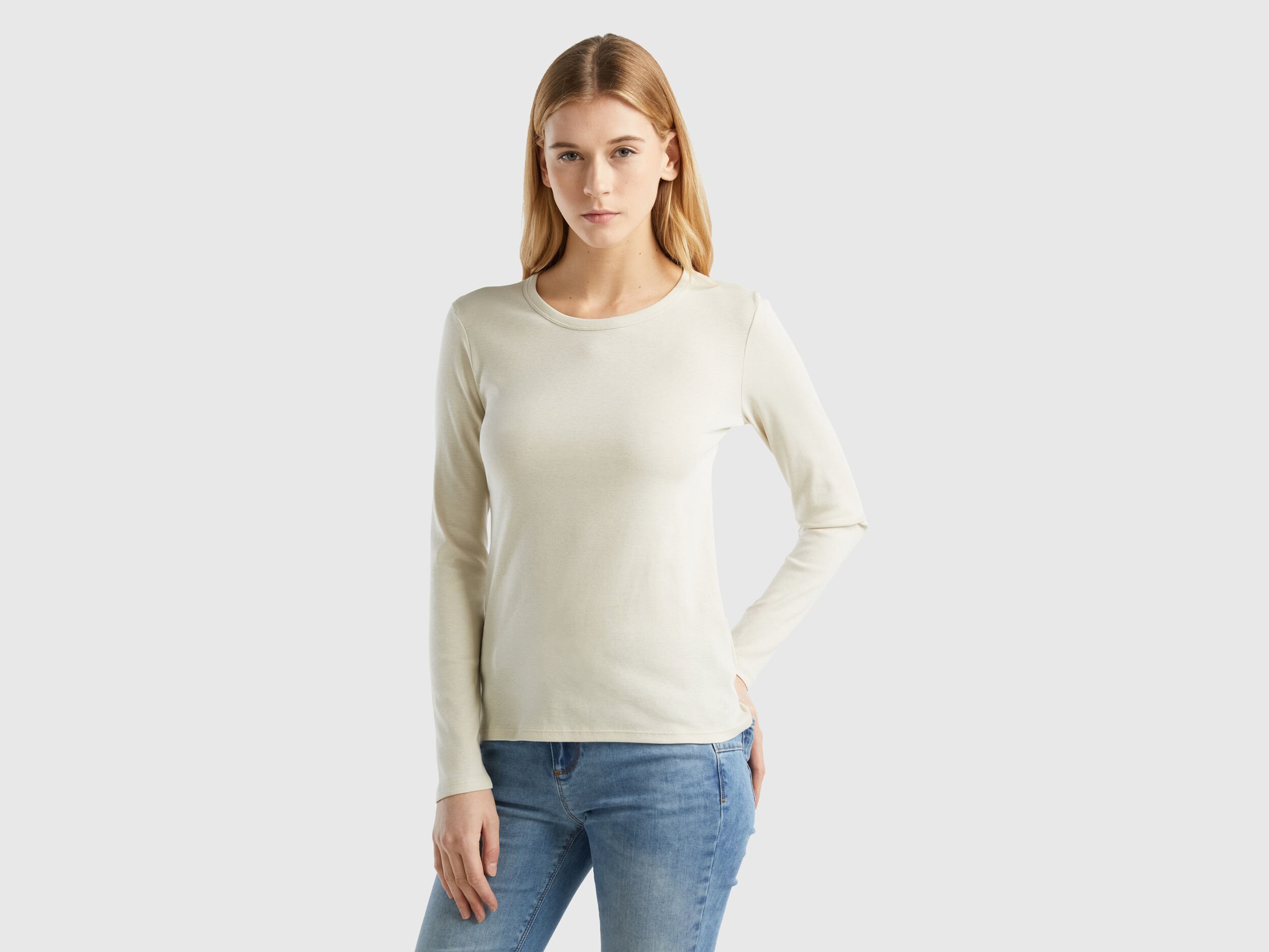T shirt a manica lunga in puro cotone Beige Benetton