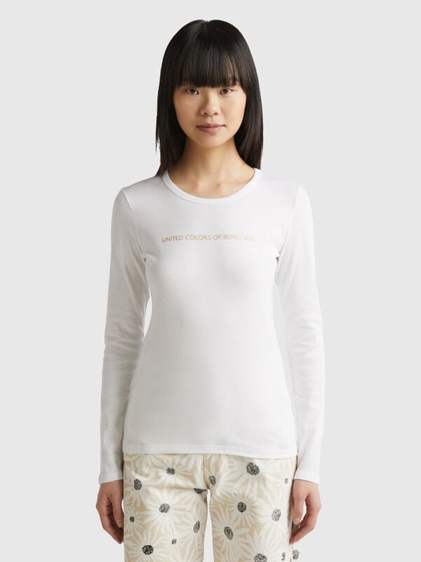 T-shirt bianca a manica lunga 100% cotone Donna