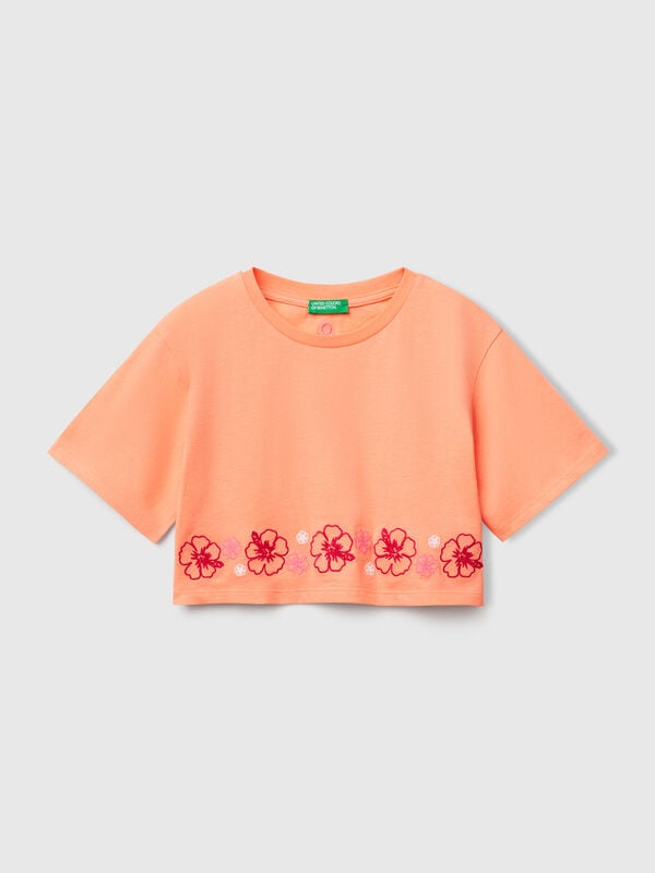 T-shirt arancione con ricamo fiori Bambina