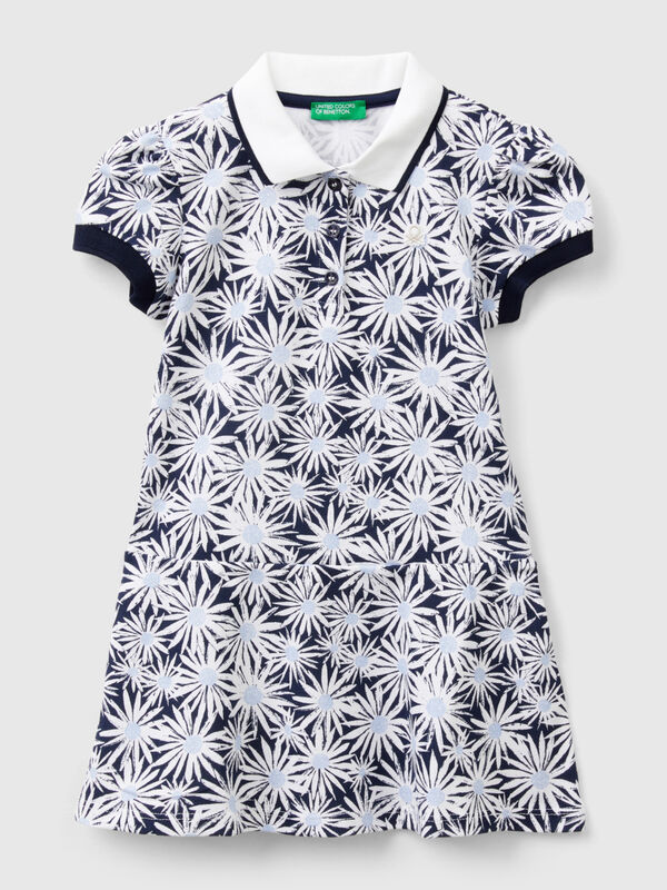 Vestito stile polo blu con stampa fiori Bambina