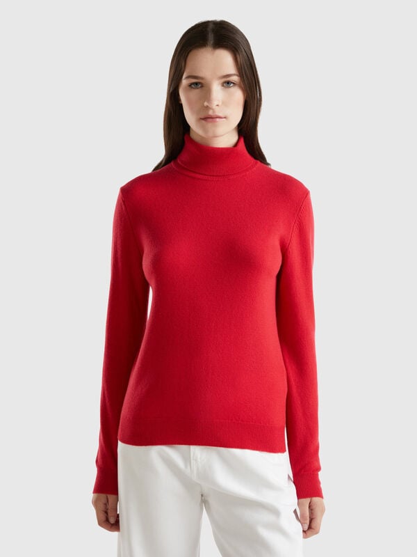 Maglione dolcevita rosso prugna in pura lana Merino Donna