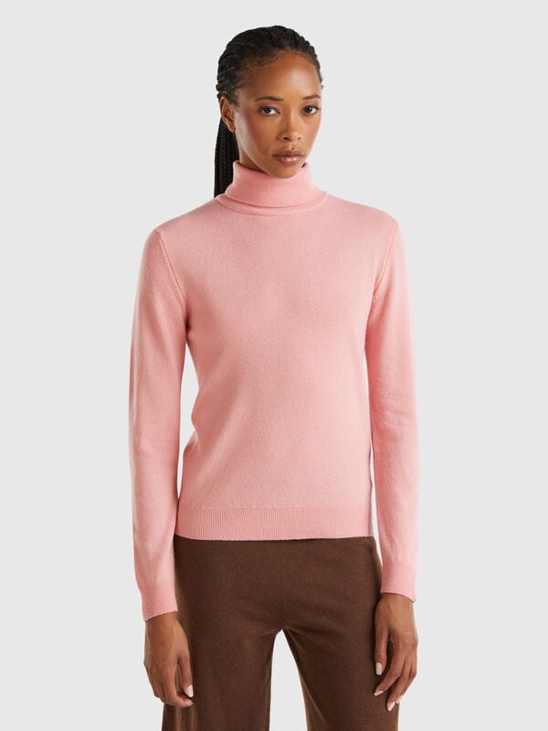 Maglione dolcevita rosa in pura lana Merino Donna