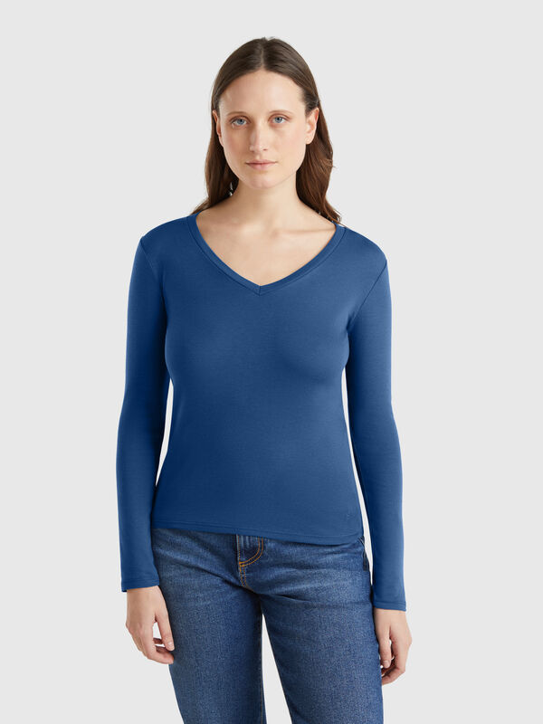 T-shirt a manica lunga con scollo a V Donna