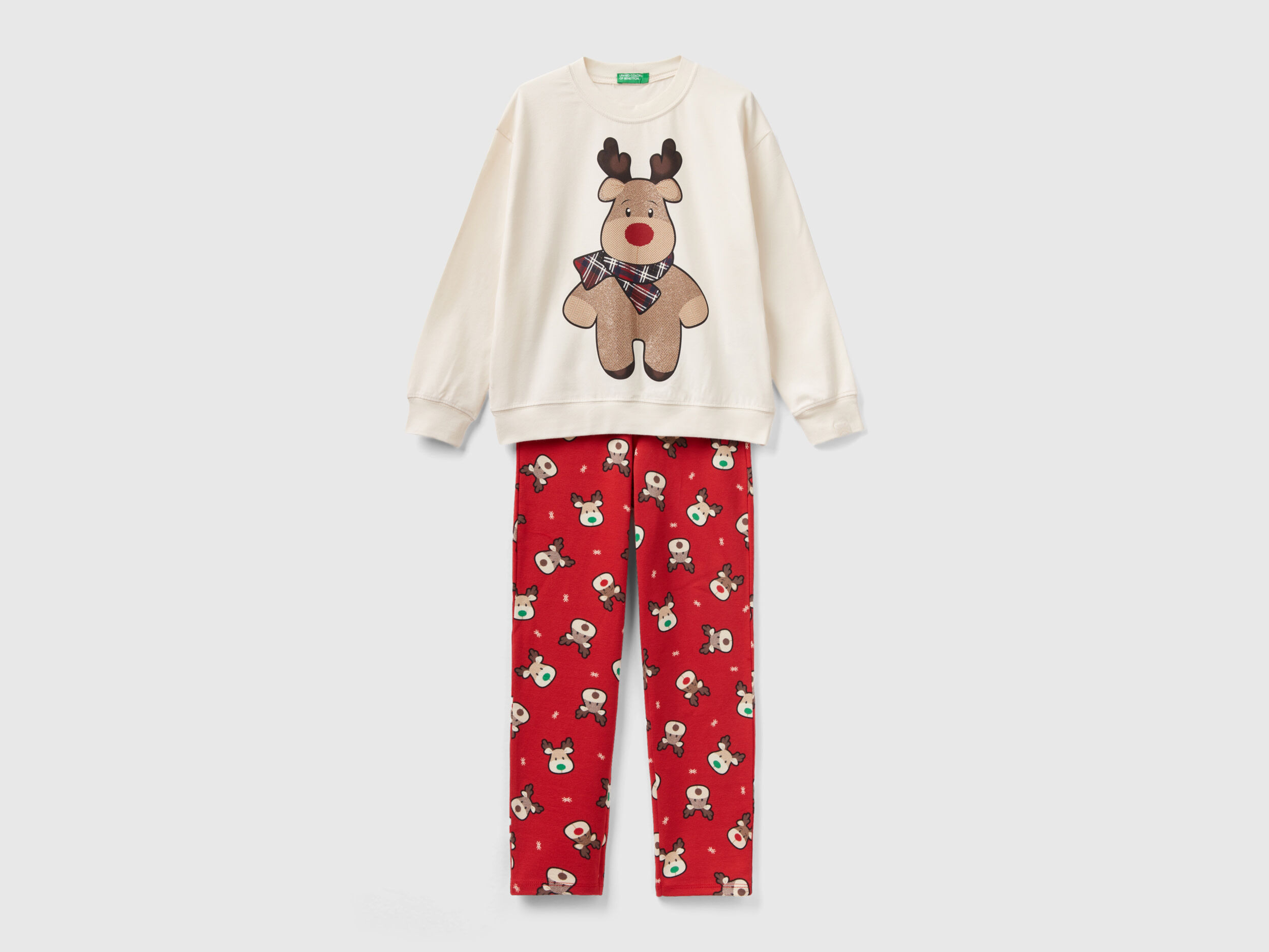 Pigiama con renne in cotone stretch Bianco Panna Bambina Benetton